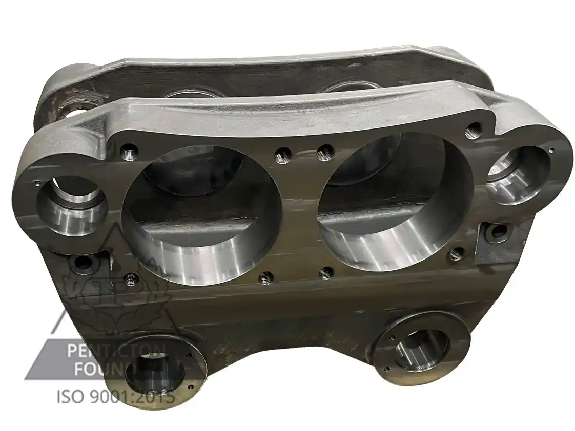 A large brake caliper for a specialized braking system made of ductile iron. A large brake caliper for a specialized braking system made of ductile iron.